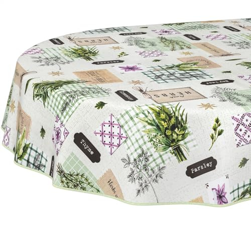 ANRO Wachstuchtischdecke Wachstischdecke Wachstuch Tischdecke abwaschbar Gartentischdecke Wasserabweisend Oval 180x140cm mit Saum (Eingefasst) Kräuter Grün