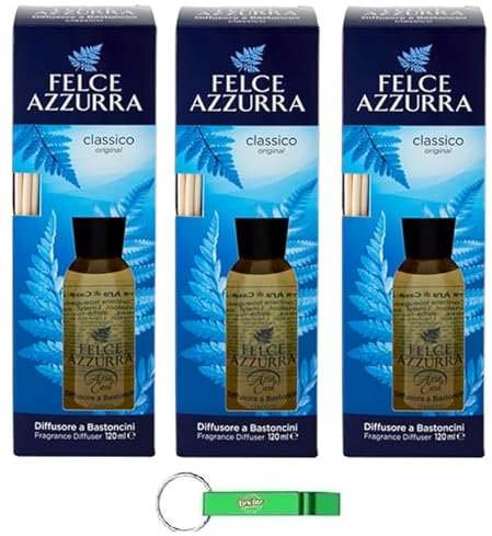 Felce Azzurra - 3 deodorante per ambienti con bastoncini Classico - Diffusore a Bastoncini - Profumo classico 120 ml + portachiavi Beni Culinari
