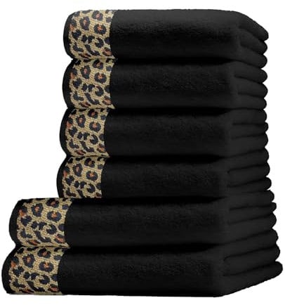 Class Home Collection Handtücher 4er Duschtücher 2er Set 6 teilig Jacquard Baumwolle Leopard Schwarz