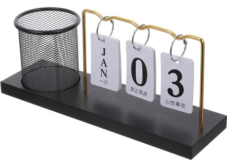 SHINEOFI Perpetual Calendar Desk Accessory Stylish Wooden Desktop Calendar with Pencil Holder