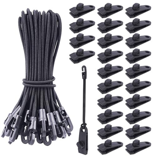 VirtuGro 25Pcs Small Bungee Cords with Hooks 10Inch Black Bungee Straps Elastic Bungee Ropes 25Pcs Tarpaulin Clips Heavy Duty Tarp Clamps for Tent Polo Fence Netting Camping Garden