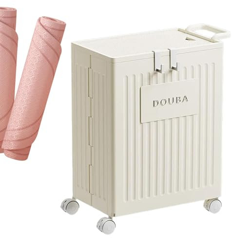 Yoga Mat Storage Basket - Rolling Yoga Mat Storage Basket - Rolling Laundry Hamper with 2 Hooks and Lockable Wheels - Lid Handle Storage Box for Home Gym, Bathroom, Bedroom & Living Room