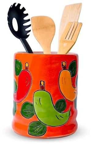 Talavera Utensilienhalter – handgefertigter mexikanischer Löffeltopf (Orange Chilies)