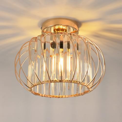 ANWIO Gold Deckenlampe Wohnzimmer, Kristall Deckenleuchte Küche Φ28CM, Deckenlampe Schlafzimmer mit Glas Lampenschirm, Gold Kronleuchter, Modern Luster Wohnzimmer kristall für Esszimmer Flur