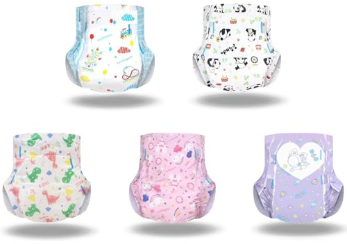 Landofgenie Erwachsene Windeln Gedruckte Windel Auslaufsicher Hochabsorbierend Erwachsene Baby Nachtwindeln Mit Tabs 10 Stück, 5 Designs, 2x je (Medium 28-38)