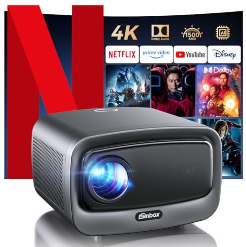 4K Beamer mit Netflix & 36W Dolby Audio Plus | iSinbox Smart-Projektor 1500 ANSI, HDR10+, Autofokus, Staubgeschützt, 6D Keystone, WiFi 6 & Bluetooth | Heimkino & Outdoor