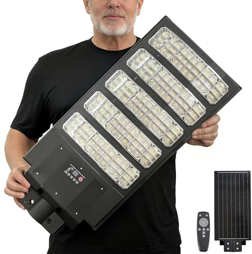6000W Lumière de rue solaire en plein air, 8500K Parking commercial au crépuscule à l'aube Lumières imperméables, LED sécurité solaire inondation capteur de mouvement lampes pour la rue, la cour, le
