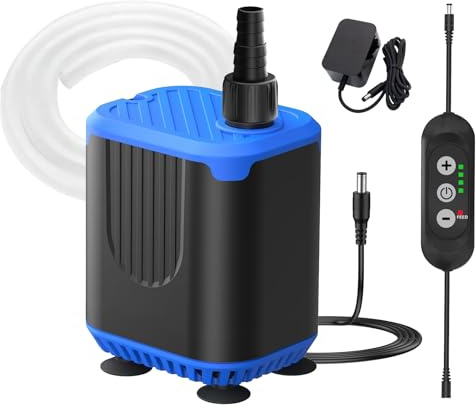 LNIDEAS Aquarium Tauchpumpe AC/DC,4-Stufig Einstellbare Wasserpumpe mit Fütterungsmodus,700L/h Aquariums Pumpe mit 2 Düsen und Schlauch,Max. Förderhöhe 2m,für Aquarium,Teich (10W-2m Förderhöhe)
