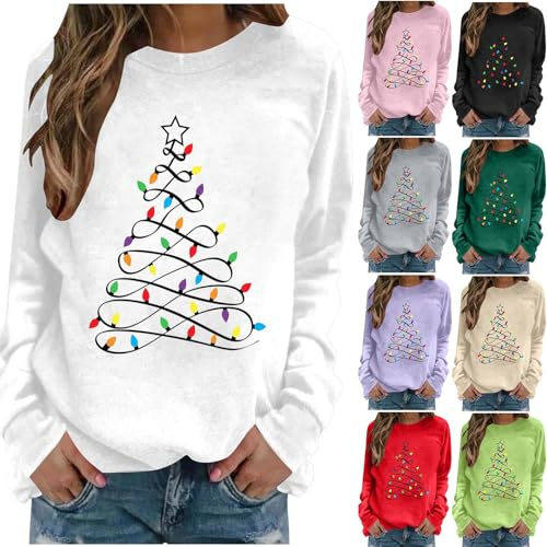Christmas Tree Jumper Women Long Sleeve Pullover Xmas Tree Print Sweatshirt Fleece Lined Sweaters Tops Crewneck T-Shirt Winter Autumn Casual Jumpers Christmas Holiday Sweatshirts Blouses