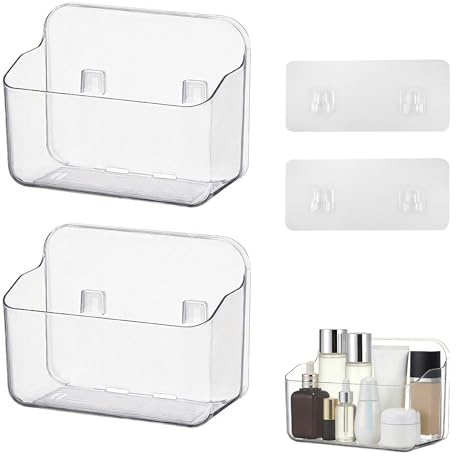 SJDOFU Wall Mounted Storage Box,2 Pack Self-Adhesive Shower Shelf Clear | with Trace-Free Sticker, Adhesive TV Remote Control Wall Mounted Storage Box for Bathroom and Kitchen Organisation