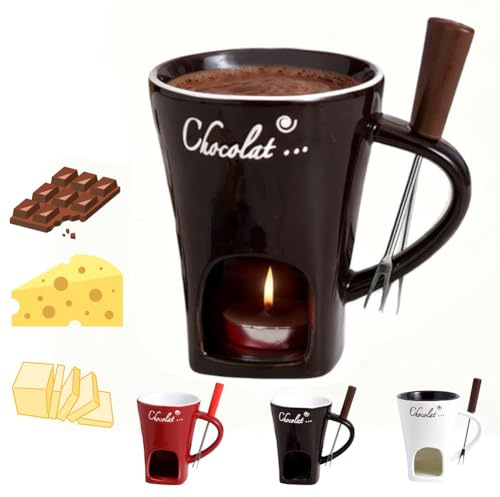 Chocolate Fondue Mug, Chocolate Melting Cup with Forks, Melting Butter Mug Pot Set, Personal Cheese Melting Cup, Warmer Mug for Candy Snack Caramel Party (Coffee)