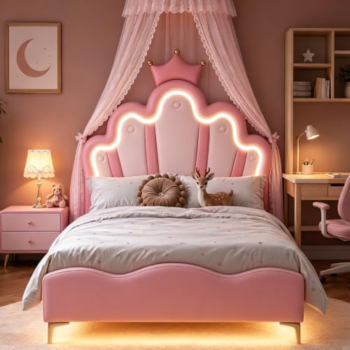 AZJSAHAH Lettino per Bambini 90x200, Lettino per Bambina con Letto Singolo con Led, Lettino Principessa con Letto per Adolescenti con Testata Led Regolabile in Altezza e Rete a Doghe, PU, senza