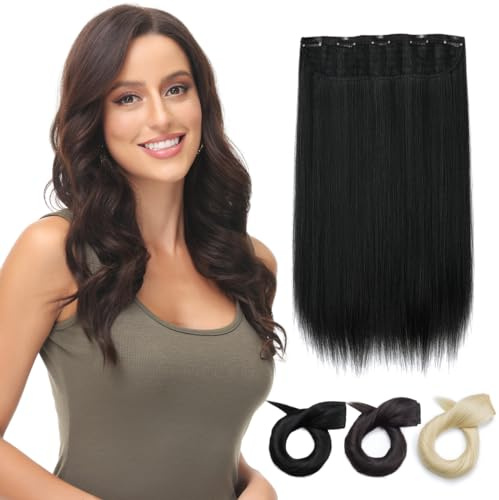 PARXITN Clip in Hair Extensions One Piece 5 Clips Weft 50cm Gerade Synthetische Haarteile für Frauen 3/4 Full Head Mesh-Layered Weft 1 Tresse Haarverlängerung Schwarz