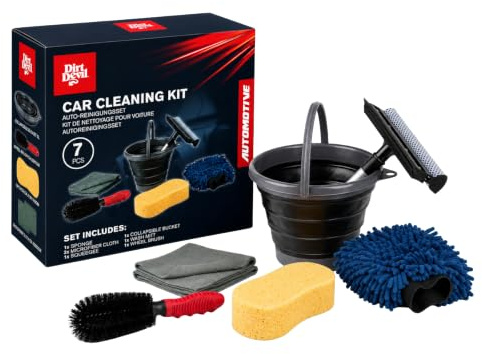 Dirt Devil Auto Reinigungsset 7-teilig - Waschhandschuh Auto Mikrofaser - Schwamm & Felgenbürste - Mikrofasertuch & Klapp-Eimer - Autopflege Set für Innen & Außen