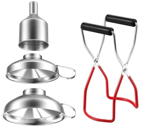 INOOMP Kitchen Funnel and Can Lifter Set Stainless Steel 4 Pcs with Anti-slip Handle Practical Funnel for Canning and Filling Bottles for Tubes and Flasks