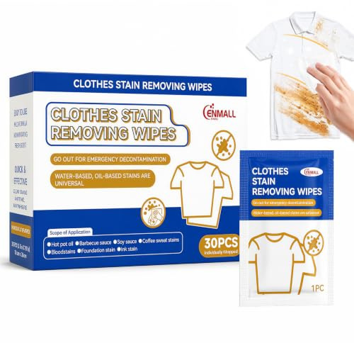 Stain Remover Wipes for Clothes 30 Pack Individually Wrapped for Office | Portable Travel Cleaning Wipes Instant Fabric Cleaner for Coffee Oil Wine Blood Stains