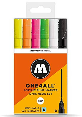 Molotow One4All 127HS Acryl Marker Neon-Set (2,0 mm Strichstärke, hochdeckend und permanent, UV-beständig, für fast alle Untergründe) 6 Stück sortiert