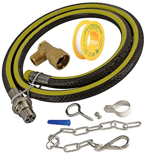 SPARES2GO Universal Oven Cooker Gas Supply Hose, PTFE Pipe Tape, Angled Connector & Safety Chain (6ft 1/2 inch, Straight Bayonet, BS EN14800 CE)