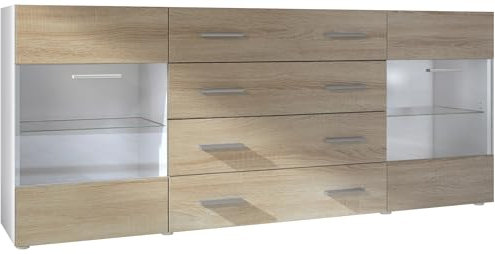 Vladon Buffet Dressoir Bari V2, Corps en Blanc Mat/Façades en chêne Brut (166 x 72 x 35)
