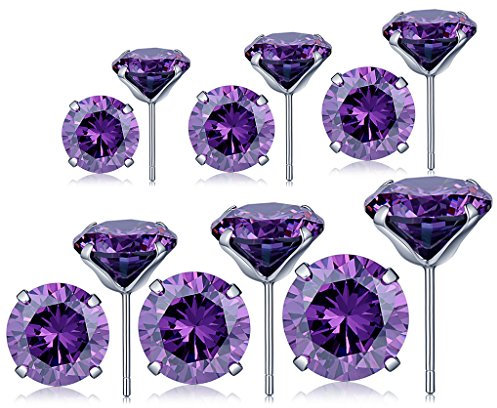 Unendlich U 925 Sterling Silber 12 Stk 4-10mm 4 Klaue Lila Zirkonia Ohrstecker Set Gestüt Stecker Ohrringe Ohrschmuck für Damen Mädchen, 6 Paare