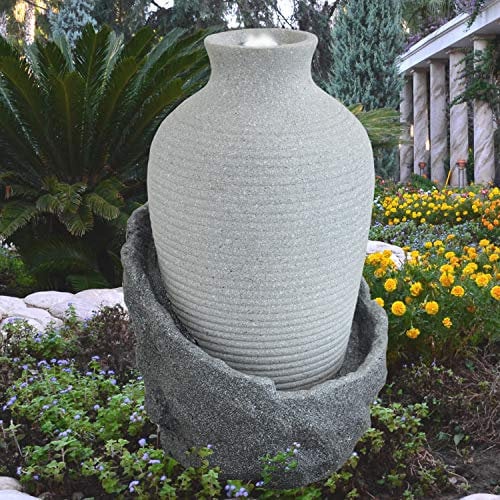 Gartenbrunnen Brunnen Zierbrunnen Zimmerbrunnen Brunnen Ampfore Korfu lichtgrau mit LED-Licht 230V Springbrunnen Wasserfall Wasserspiel für Garten, Gartenteich, Terrasse, Teich, Balkon Sehr Dekorativ