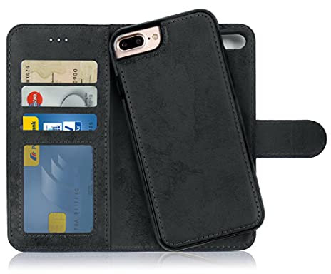 MyGadget Flip Case pour iPhone 7 Plus | 8 Plus - Coque Clapet détachable magnétique PU Cuir Support - Housse Portefeuille Book Cover Gris Noir