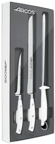 Arcos Set Corte Forjado 3 piezas - Acero Inoxidable Nitrum y Hoja mm. Cuchillo Cocina Profesional para Cocinar. 755 gr. Mango Ergonómico Polioximetileno POM. Serie Riviera Blanc. Color Blanco.