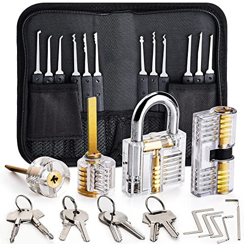 Lock Pick Set, Preciva 26pcs Locking Picking Tools with 4 Training Keyed Padlocks, [2024 Upgrade Version] Professional Practice Locks Picking Toolkit for Beginner and Locksmith Training (Transparent)