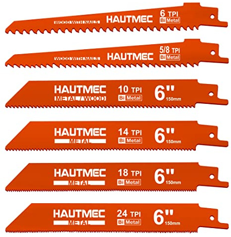 HAUTMEC 6-Piece Bi-Metal Reciprocating Saw Blades Set, 150mm Reciprocating Saw Blades for Wood, Metal, Plastic & Nail-Embedded Wood, Universal HSS Blades – HT0166