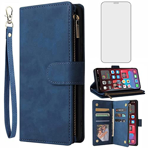 Asuwish Compatible with iPhone XR Wallet Case Tempered Glass Screen Protector Flip Cover Card Holder Cell Phone Cases for iPhoneXR iPhone10R i Phonex 10XR 10R 10 R RX CR iPhoneXRcases Women Men Blue