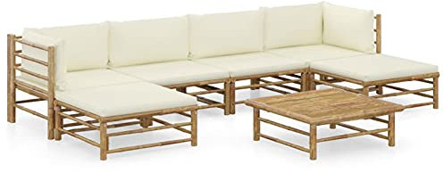 Tidyard Set de Muebles de Jardín 7 piezas Bambú y Cojines Sofá Modular para Cocina Exterior Hogar Patio Porche Terraza Mobiliario Jardin Blanco crema