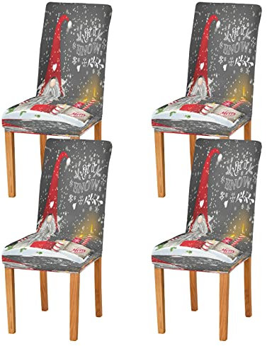 Mnsruu Esszimmerstuhlhussen für Weihnachten, 4er-Set, Esszimmerstuhl-Schonbezüge, Heimdekoration, Weihnachtsstilleben, traditioneller skandinavischer Zwergtomte mit Kerzen und Geschenkboxen auf