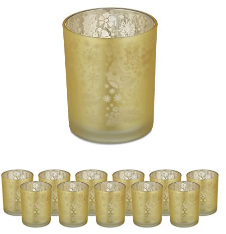 Relaxdays Lot de 12 photophores en Verre pour Bougies Chauffe-Plat, Motifs de Noël, H x D : 8,5 x 7 cm, doré