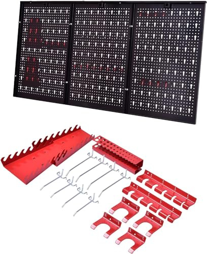 GYMAX Werkzeugwand 120 x 60 x 2 cm, Werkzeuglochwand Lochbleche Metall, Lagersystem mit Haken & Werkzeughaltern, Werkzeughalterset für Werkstatt