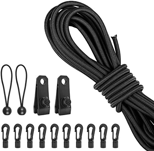Bungee Shock Cord,Elastic Rope,Bungee Straps,Kayak Elastic Cord,Marine Grade Shock Cord Ends,Kayak Bungee Cord Replacement Kit,Stretch String with Hooks& Bungees Ball Cords - 1/4'' x 26.2ft, Black