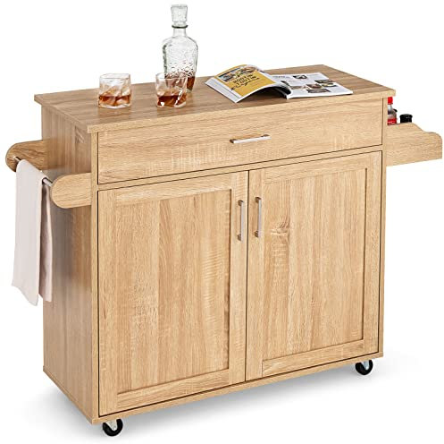 GOPLUS Servierwagen mit Schublade & Schrank, Rollbarer Küchenwagen, Beistellwagen mit Verstellbarer Trennwand, 2 Räder mit Bremse, aus Holz, im Landhausstil, für Küche Restaurant (Natur)