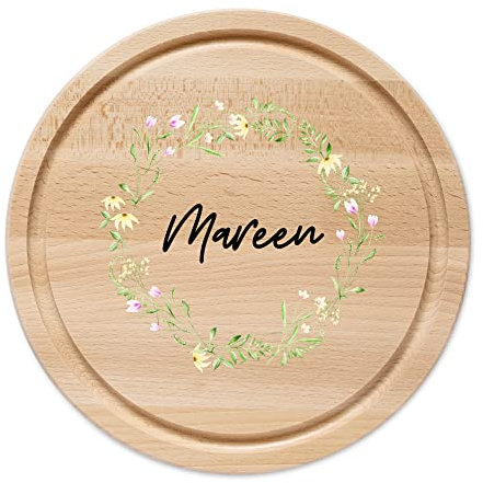 wunderwunsch - Individuelles Holzbrett mit Hochwertigem UV-Farbdruck - Rundes Holzbrett mit Name - Personalisiertes Brotzeitbrett für Mama, Papa, Oma oder Opa (Blumenkranz Gelb)
