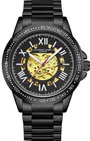 Anthony James Techtonic Automatic Wrist Watches - Handmontierte Wasser- und Kratzfeste Uhr mit Skelett-Zifferblatt Analoguhren Herren – Schwarz