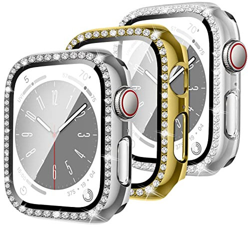 3 Stück Diamant Hülle für Apple Watch Series 9/Series 8/Series 7 41mm，Glitzer Gehäuse Hartes PC Schutzfall mit Gehärtetes Glas Kratzfest Schutzhülle Bling Cover für iWatch，Transparent+Gold+Silber