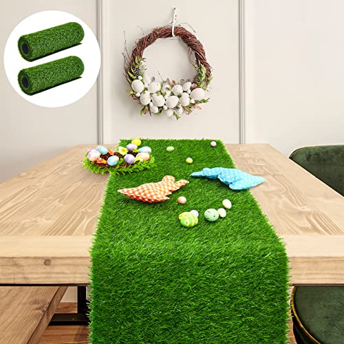 Hestya 2 Pack 13 x 70 Inch Easter Artificial Grass Table Runner 3cm Thick Fake Grass Mat Football Theme Tea Party Decorations Waterproof Green Table Cloth for Indoor Outdoor Home Decor(35 x 180 cm)
