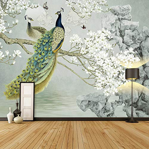 Tapeten,Vintage Weiße Magnolienblütenzweig Pfau Steingarten Chinesische Große Selbstklebende Tapete Abziehen Und Aufkleben Abnehmbares Kontaktpapier Wandbild Vinyl Geeignet Für Dekoratives Schlafzim