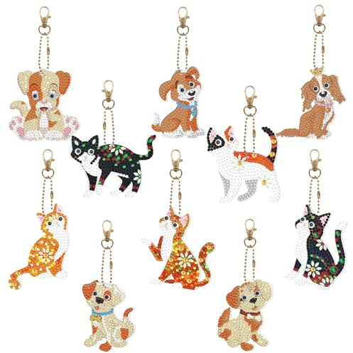 DNWFZ Diamond Painting Anhänger 10 Stück 5D Diy Schlüsselanhänger Kinder Erwachsene Stickerei Diamant Anhänger Art Hunde Katzen Handtasche Schlüssel Craft Kits