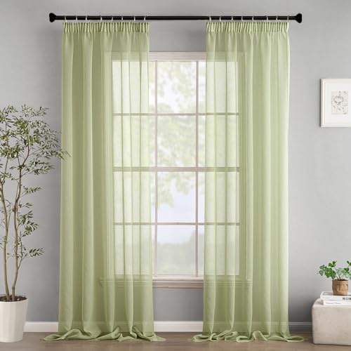 Woaboy Gardinen mit Kräuselband Voile Vorhänge Wohnzimmer Transparent Sheer Curtains Stores Gardine Schlafzimmer Modern Schlaufengardinen 2er Set 140x260cm (BxH) Grün