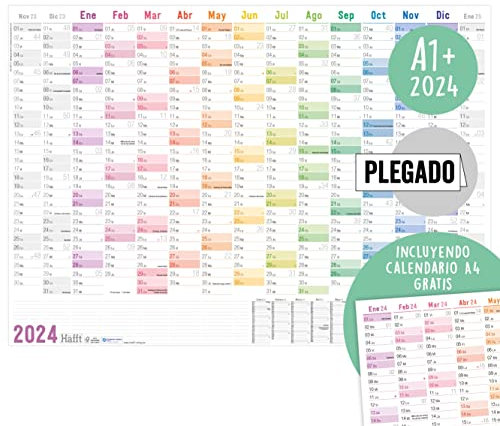 XXL Wandkalender 2024 A1+ auf Spanisch (89 x 63 cm) [Rainbow] 15 Monate Nov 2023 - Jan 2025|Gratis A4 Jahresplaner|gefalzter Wandplaner mit spanischen Feiertagen | nachhaltig & klimaneutral