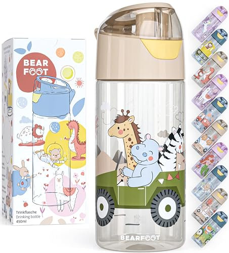 BEARFOOT Trinkflasche Kinder 450ml, leichte Tritan Wasserflasche, BPA frei, auslaufsicher, Kohlensäure geeignet, spülmaschinenfest für Jungen, Mädchen, Kleinkind (Beige - Safari)