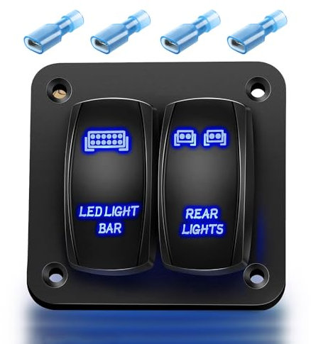 Gebildet Panel de Interruptor Basculante 2vías (BARRA DE LUZ LED + LUCES TRASERAS) 12V 24VDC Interruptores azules Panel Aluminio 5 pines ON Off Panel Interruptor de Palanca Precableado a prueba agua