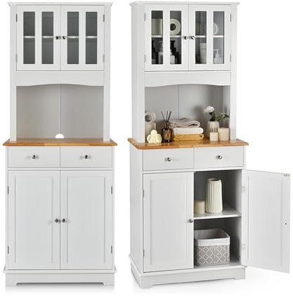 KOMFOTTEU Alacena de Cocina Alta, Aparaor con Encimera, 2 Cajones y Estantes Ajustables, Mueble Despensa de Madera con Puertas, Mueble Buffet de Comedor, 68,5 x 40,5 x 170 cm, Blanco