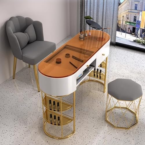 BOYITES Freestanding Tempered Glass Manicure Table, Modern Art Nail Tech Workstation, Professional Manicure Shop Equipment, Nail Table with Storage Legs, Assembled Manicure Booth,100cm