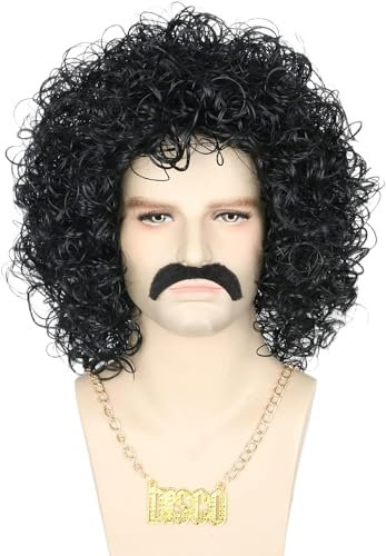 LeMarnia 70's Afro Wig Necklace and Beard Set for Men Black Curly Disco Rock Punk Halloween Costume Accessory Wig