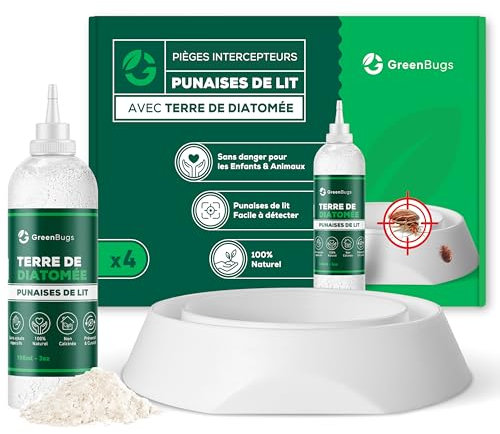 GREENBUGS Trappola per Cimici dei Letti (x4) con Diatomee 100% Biologiche - Kit Interceptori Anti-Cimici per Piedi del Letto - Soluzione Efficace - Manuale d'Istruzioni Incluso